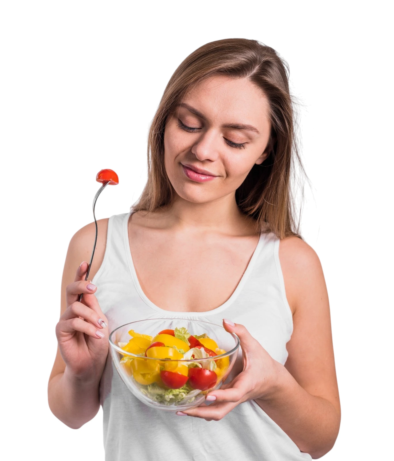 Woman holding a bowl of chopped fresh fruit