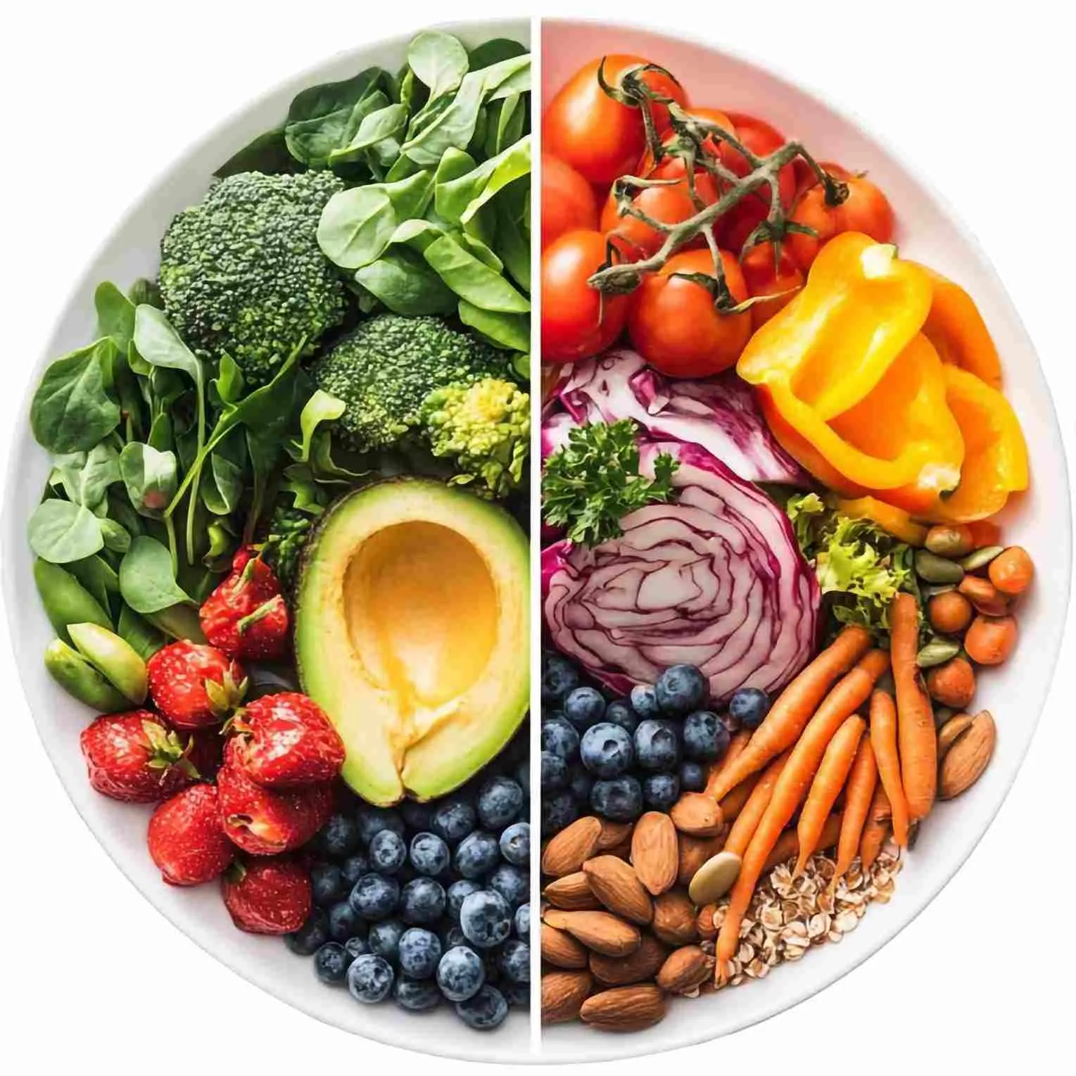 Plate of fresh vegetables, fruit, nuts and seeds